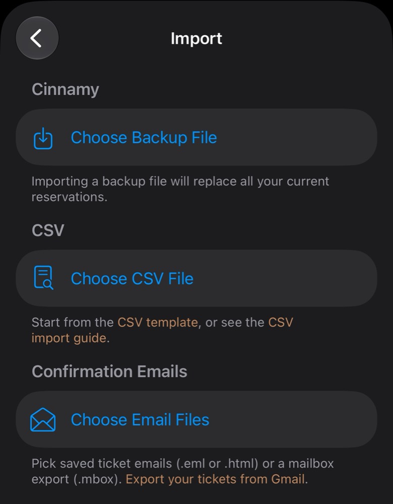 The Import screen in Cinnamy settings, with Choose Email Files under Confirmation Emails.